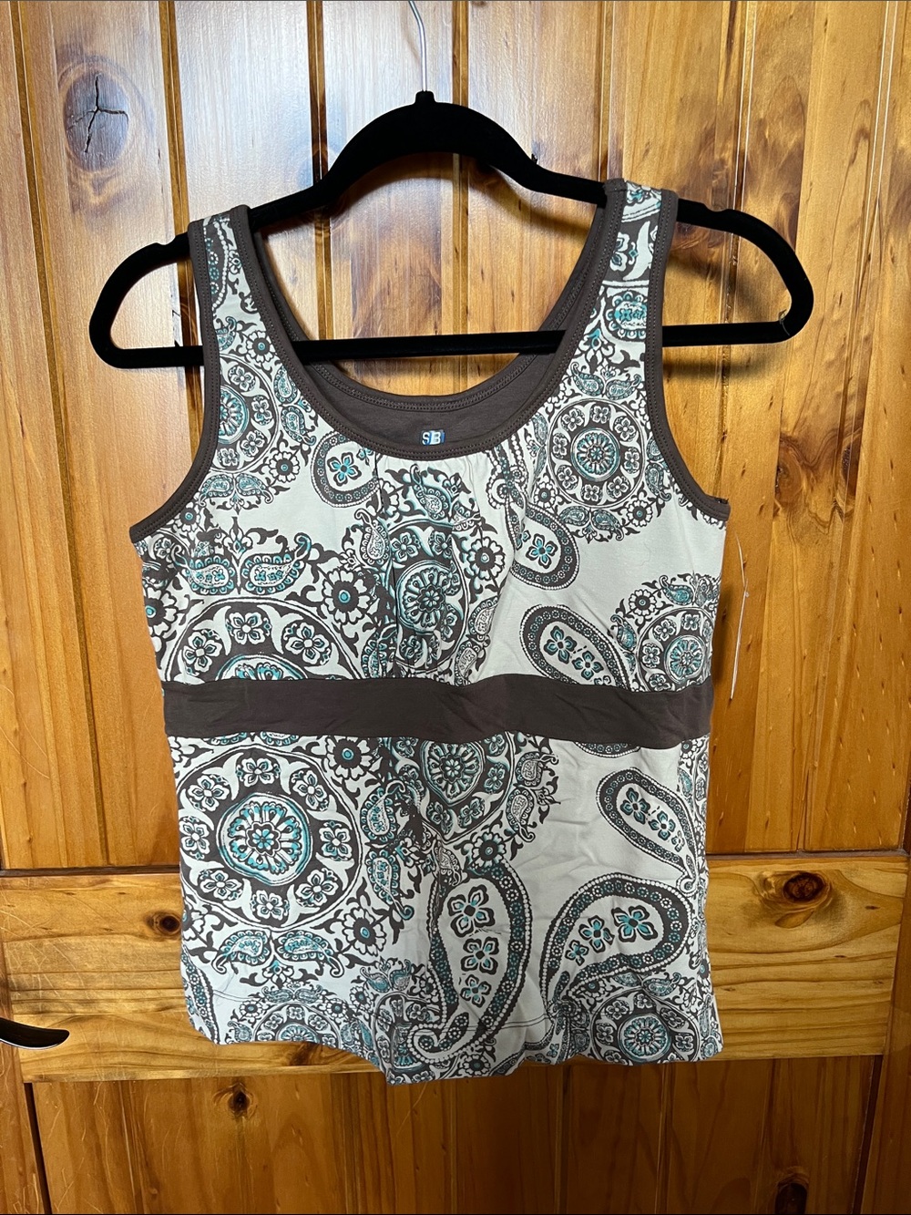 Paisley Scoop Neck Tank with Brown Trim and Teal Accents